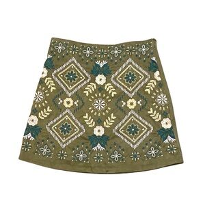 Savanna Jane Embroidered Olive Green Bohemian Mini Skirt S